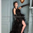 Sleeveless Bridal Ball Gown Tiered Black Organza Beading Side Slit Wedding Dress