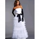 Strapless Bridal Ball Gown Tiered White Tulle Black Sash Free Gloves Wedding Dress