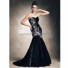 Strapless Sweetheart Bridal Ball Gown Black Satin White Applique Beading Mermaid Wedding Dress