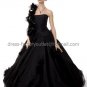 One Shoulder Flower Strap Bridal Ball Gown Black Organza A-line Wedding Dress