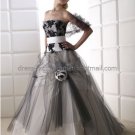 Strapless Bridal Ball Gown Black Tulle Applique Ivroy Satin A-line Wedding Dress