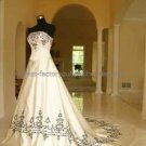 Strapless Bridal Ball Gown Black Embroidery Ivory Satin A-line Wedding Dress
