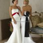 Strapless Bridal Prom Gown Black Red Sash White Satin Beading Mermaid Wedding Dress