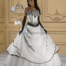Strapless Bridal Ball Gown Black Embroidery White Organza  Beading A-line Wedding Dress