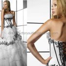 Strapless Bridal Ball Gown Black Applique White Organza  Beading A-line Wedding Dress