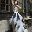 Strapless Bridal Gown Prom Dress Black White Satin Tulle A-line Hi-low Wedding Dress