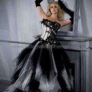 Strapless Applique Bridal Gown Prom Dress Black White Satin Tulle A-line Wedding Dress