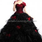 Strapless Sweetheart Bridal Ball Gown Red Flower Satin Black Tulle Corset Top A-line Wedding Dress