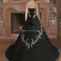 Strapless Bridal Gown Black Satin White Embroidery Beading A-line Wedding Dress