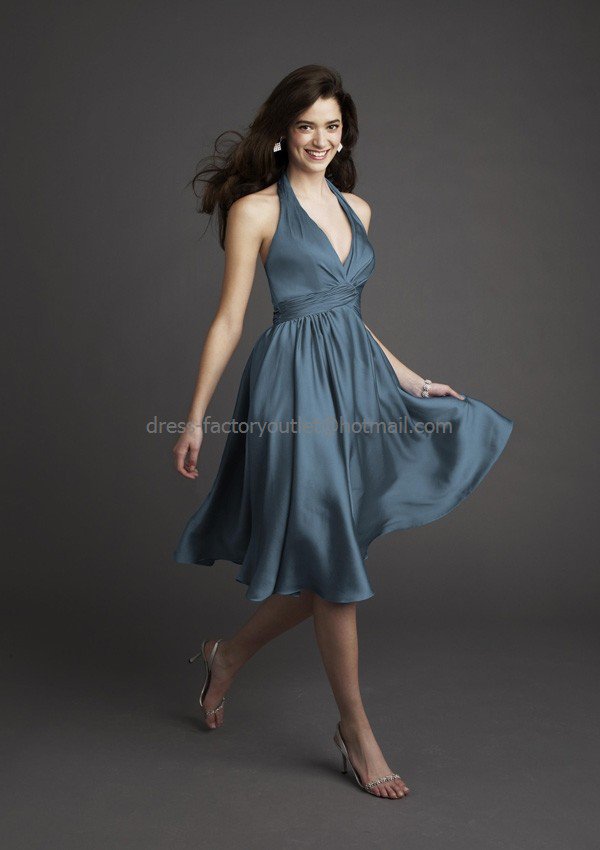 Halter Short Bridesmaid Dress Steel Blue Chiffon Dress Pleated Cocktail Dress