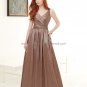 A-line V Neck Long Bridesmaid Dress Brown Taffeta Pleated Bridal Evening Dress