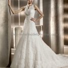 Free Crinoline Sleeveless Biance Bridal Gown Ivory White Alencon Lace A line Wedding Dress pv318
