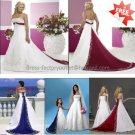 A-line Bridal Gown Strapless Embroidered Satin Red Blue Accent Ivory White Wedding Dress