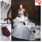 A-line Bridal Gown Strapless Embroidered Satin Red Accent Ivory White Wedding Dress