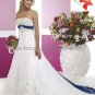 A-line Bridal Gown Strapless Embroidered Satin Red Blue Accent Ivory White Wedding Dress