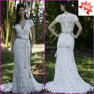 Chantilly Lace Bridal Gown Boat Neck  Sheath Short Sleeves White Wedding Dress L28 Silver SASH