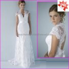 Chantilly Lace Bridal Gown V-Neck  A-line Short Sleeves Hollow Back White Wedding Dress L30
