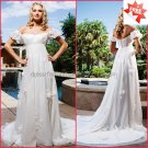 A-line Off Shoulder White Chiffon Bridal Gown Applique Empire Waist Pregnant Wedding Dress H03
