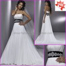 A-line Strapless White Chiffon Bridal Gown Jeweled Black Sash Empire Waist Wedding Dress MG319