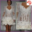 A-line Mini White Satin Lace Short Bridal Gown Knee Length Prom Dress Long Sleeves Wedding Dress
