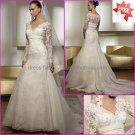 A-line White Organza Lace Bridal Gown  V-neck Long Sleeves Wedding Dress