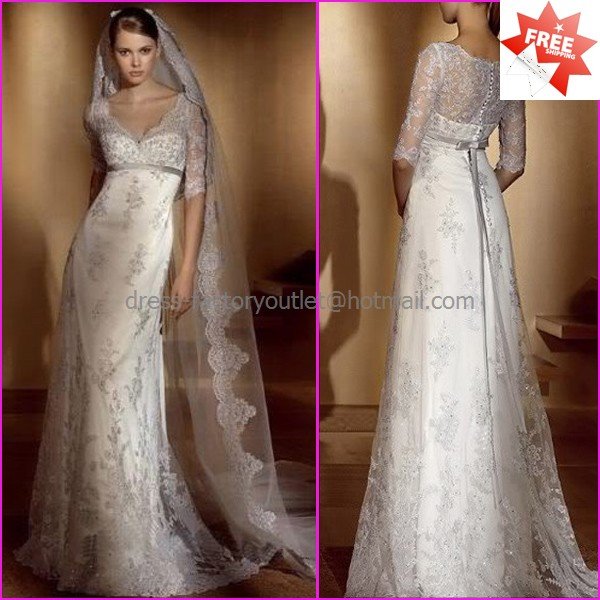 A-line White Lace Bridal Gown V-neck Long Sleeves Wedding Dress Free ...