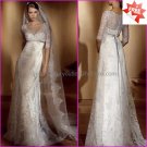 A-line White Lace Bridal Gown  V-neck Long Sleeves Wedding Dress Free Silver Sash
