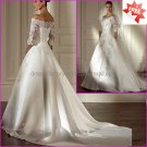 A-line White SATIN Bridal Gown  Strapless 3/4 Sleeves Lace top Wedding Dress
