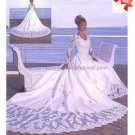 A-line White Lace Applqiue Satin Bridal Gown V-neck Long Sleeves Wedding Dress Cathedral Train