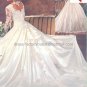A-line White Lace Applqiue Satin Bridal Gown V-neck Long Sleeves Wedding Dress Cathedral Train