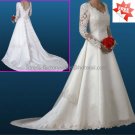 A-line White Lace Applqiue Satin Bridal Gown V-neck Long Sleeves Wedding Dress ChapelTrain