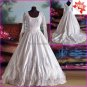 A-line White Lace Beaded Satin Bridal Gown Round-neck Long Sleeves Wedding Dress CHAPEL Train