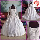 A-line White Lace Beaded Satin Bridal Gown Square-neck Long Sleeves Wedding Dress CHAPEL Train