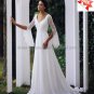 A-line White Chiffon Long Lace Sleeves Bridal Gown V-neck Wedding Dress Sweep Train