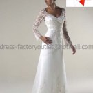 A-line White Lace Long Sleeves Bridal Gown V-neck Beaded Wedding Dress Sweep Train
