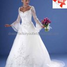 A-line White Organza Lace Applique Long Sleeves Bridal Ball Gown V-neck Beaded Wedding Dress