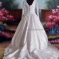 A-line White Lace Beaded Satin Bridal Gown Round-neck Long Sleeves Wedding Dress CHAPEL Train
