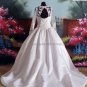 A-line White Lace Beaded Satin Bridal Gown Square-neck Long Sleeves Wedding Dress CHAPEL Train