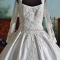 A-line White Lace Beaded Satin Bridal Gown Square-neck Long Sleeves Wedding Dress CHAPEL Train