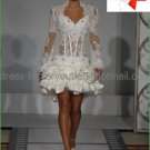 A-line Mini White Satin Lace Short Bridal Gown Knee Length Prom Dress Long Sleeves Wedding Dress