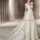 V-neck Long Sleeves Eclipse Jeweled Empire Waist Bridal Gown White Alencon Lace A-line Wedding Dress