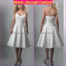A-line Mini White Taffeta Short Bridal Evening Dress 2 Straps Tea Length Beach Wedding Dress