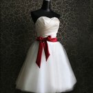 A-line White Satin Red Sash Short Evening Dress Bridesmaid Dress Strapless Beach Wedding Dress