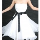 A-line White Chiffon Black Sash Short Evening Dress Bridesmaid Dress Strapless Beach Wedding Dress
