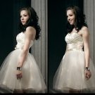 A-line Champagne Satin Organza Short Evening Dress Bridesmaid Dress Strapless Stock Wedding Dress