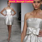 A-line White Pleated SATIN Short Evening Dress Bridesmaid Dress Strapless Beach Wedding Dress