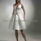 A-line Simple White Satin Evening Dress Bridesmaid Dress Sleevelss V-neck Tea Length Wedding Dress