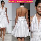 A-line Short White Taffeta Evening Dress Bridesmaid Dress Sleevelss Halter Tea Length Wedding Dress