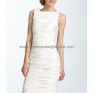 Sheath Pleated White Taffeta Evening Dress Bridesmaid Dress Boat Neck Knee Length Wedding Dress