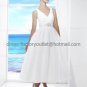 A-line White Taffeta Bridal Evening Dress V-neck Bridesmaid Dress Tea Length Wedding Dress